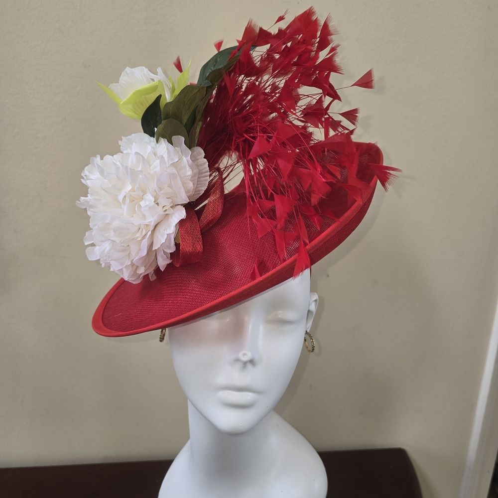 Red Floral Feather Cocktail Fascinator Hat